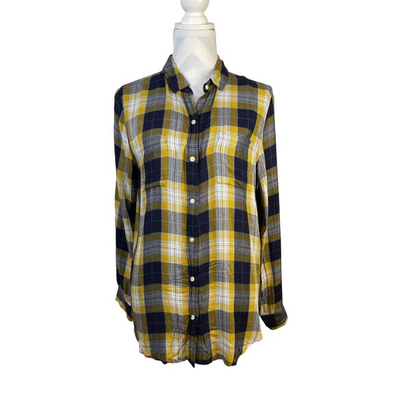 Banana Republic Factory Boyfriend Fit Button Down Size Medium Yellow Plaid - Picture 1 of 6